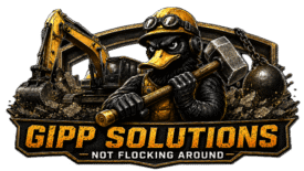 Gipp Solutions demolition company logo with excavator, wrecking ball, and duck with a sledgehammer.