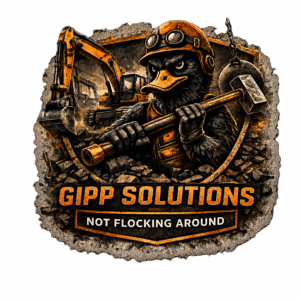 Gipp Solutions square logo of a duck with a sledgehammer in front of an orange excavator and wrecking ball.