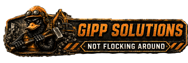 Gipp Solutions demolition company logo with excavator, wrecking ball, and duck with a sledgehammer. Wide orientation for mobile devices.