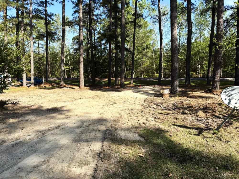 Cleared residential lot after demolition and site clearing services among pine trees.