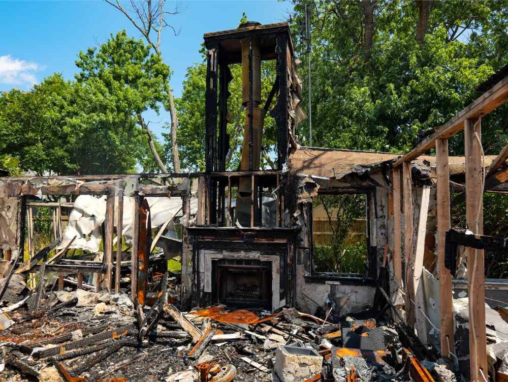 Residential structure severely damaged by fire, showing charred framing, debris pile, and a standing brick fireplace.