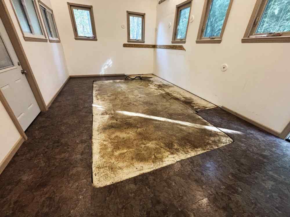 Interior room undergoing commercial flooring demolition with a cutout section exposing the concrete subfloor.